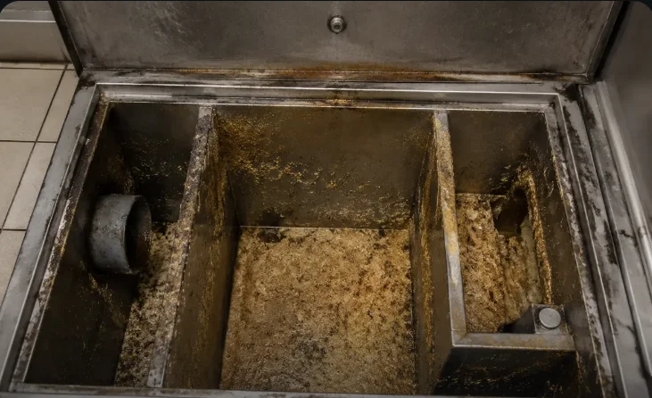 Grease and sludge build-up in a commercial drain before cleaning — DCC field photo