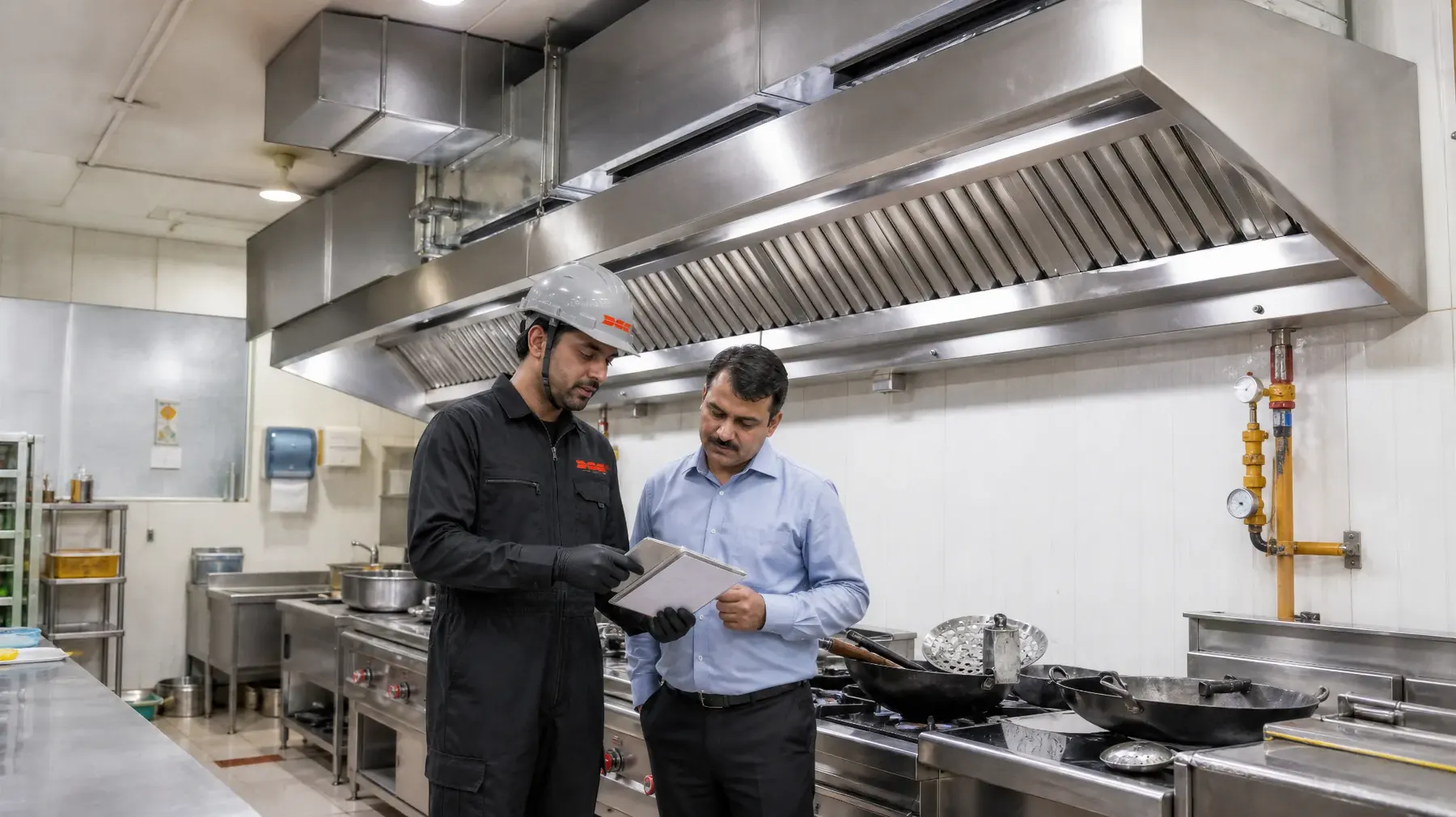 DCC surveyor and facility manager reviewing a survey checklist under a commercial kitchen exhaust canopy
