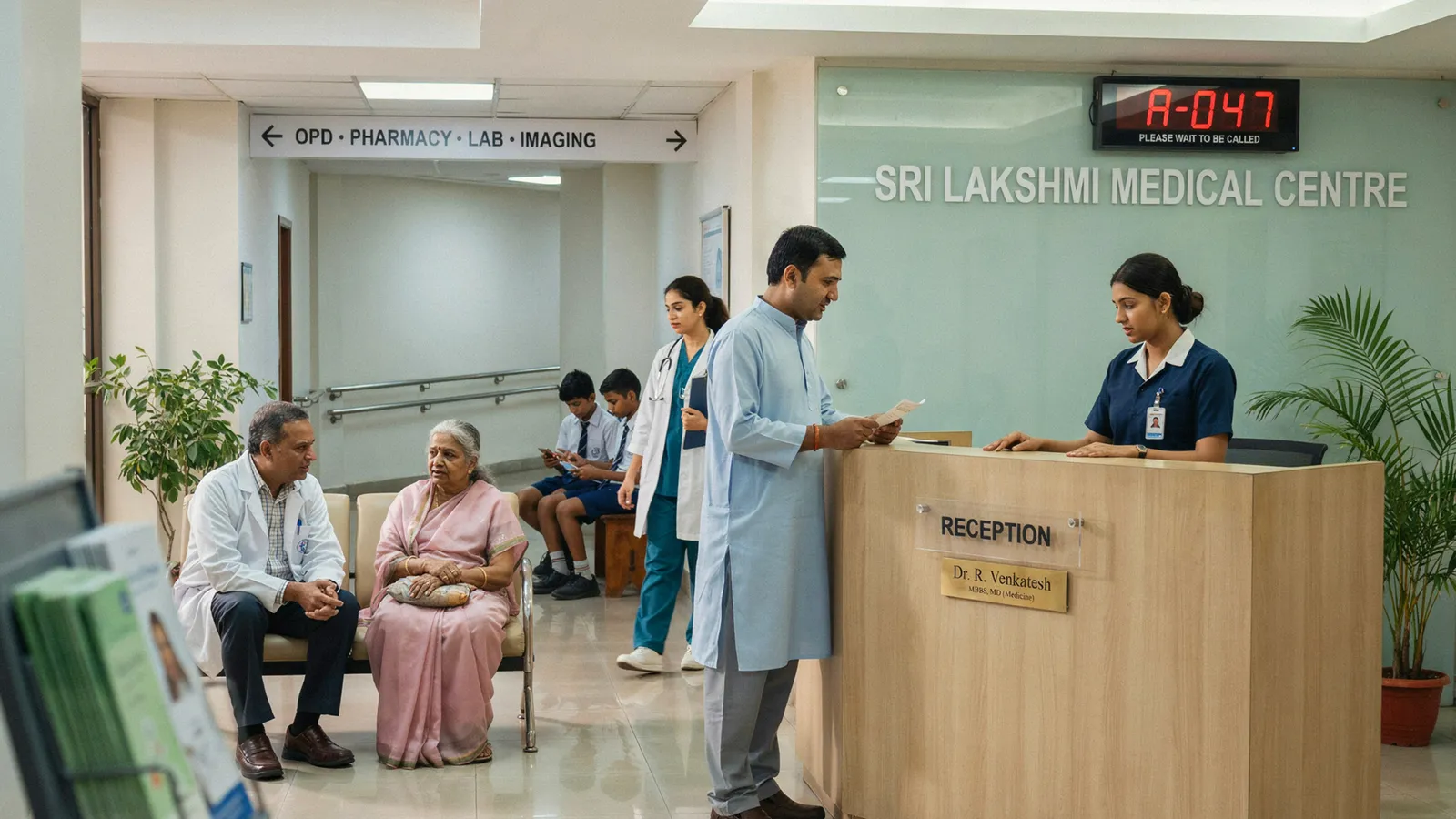Medical centre reception with patients, doctors and queue display
