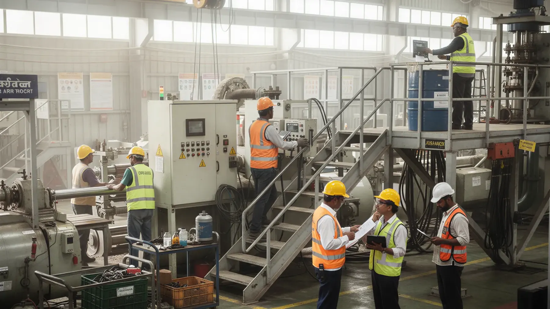 Factory floor with engineers in safety gear around machinery