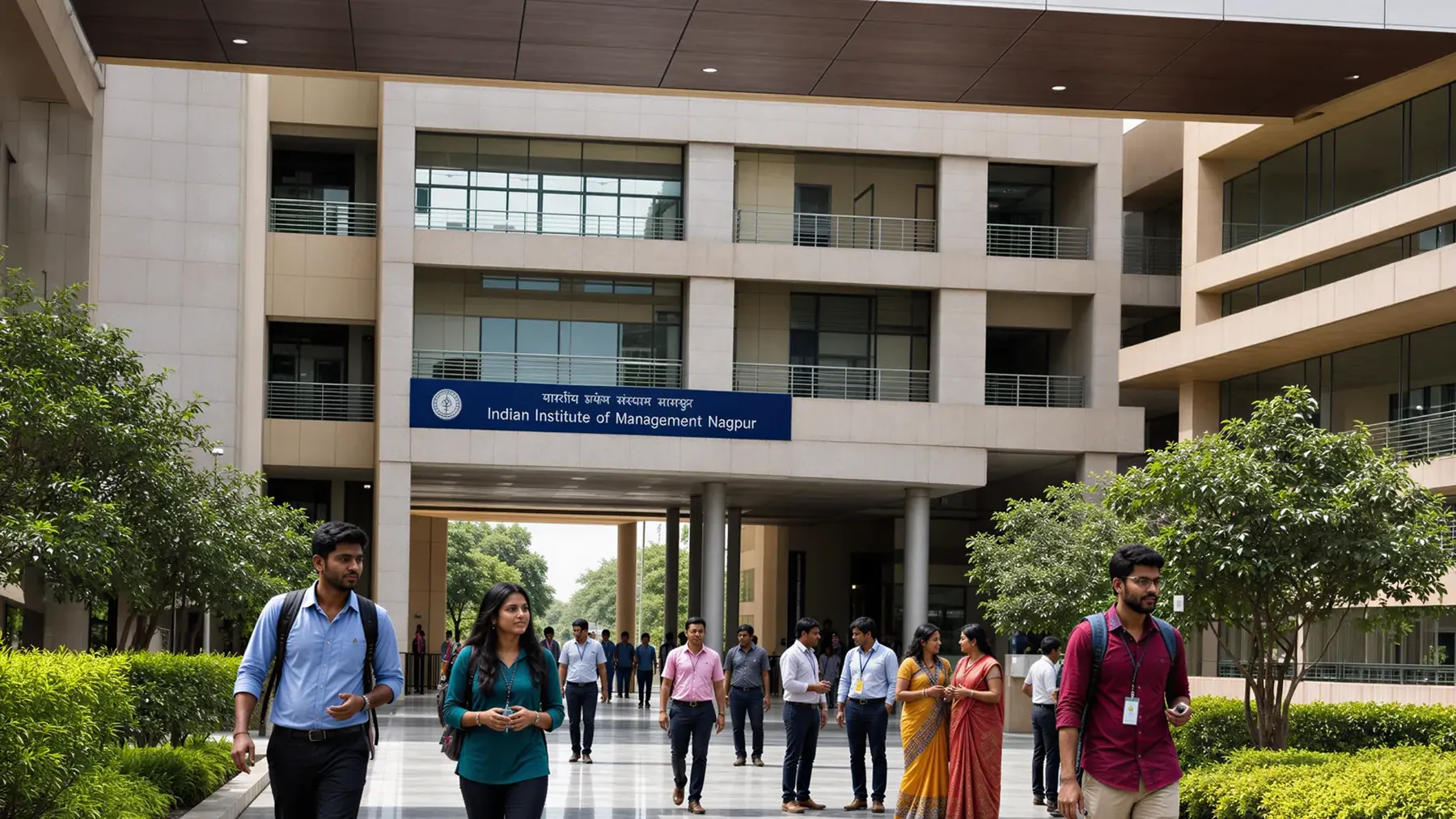 Management institute campus with students in the courtyard