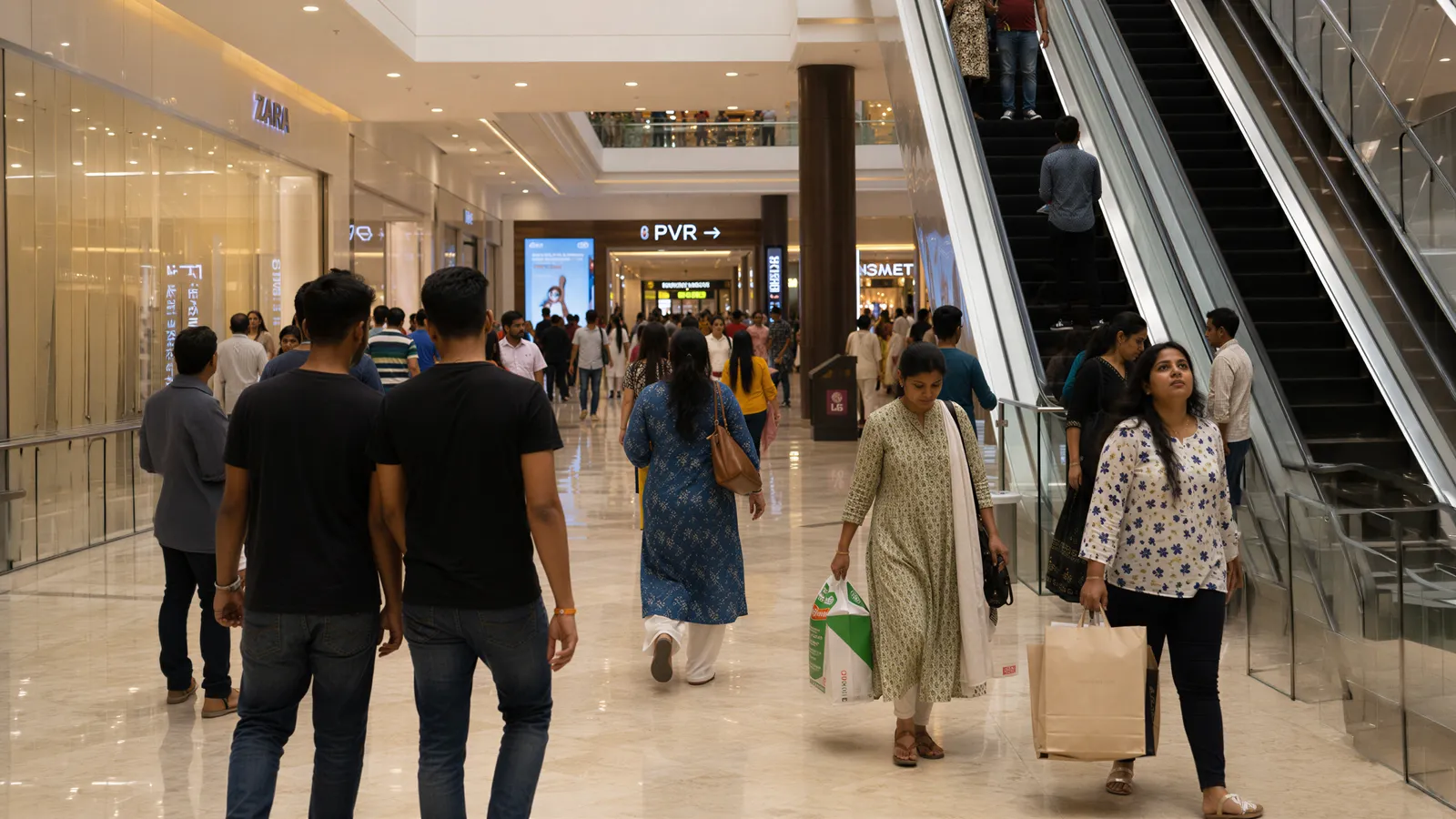Shopping mall atrium with shoppers and escalators
