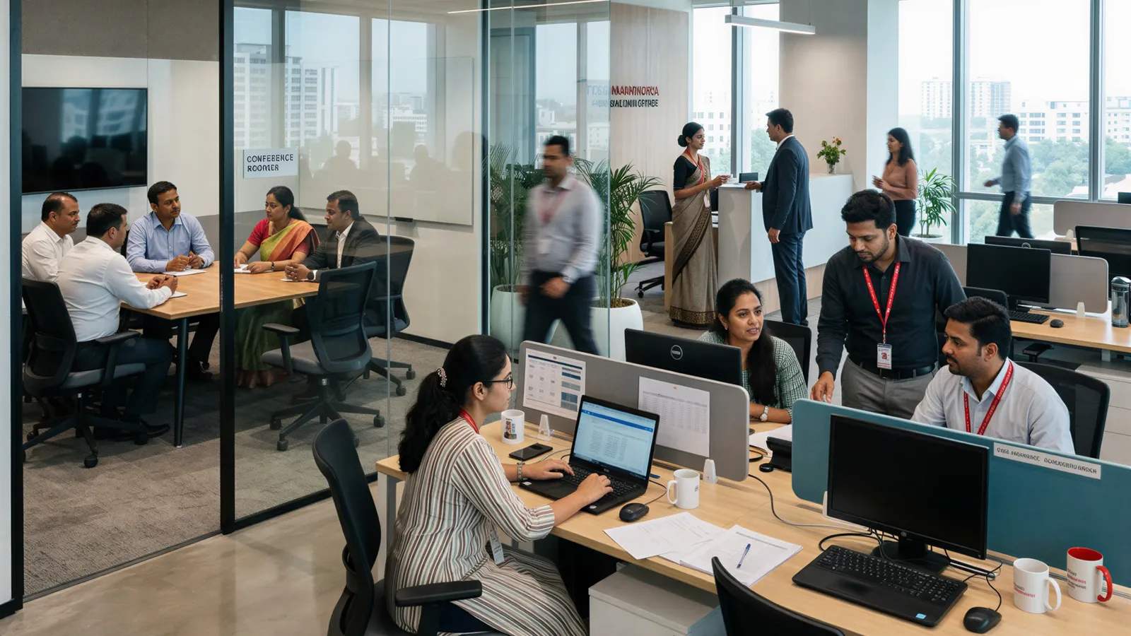 Corporate office floor with teams at workstations and a meeting in progress