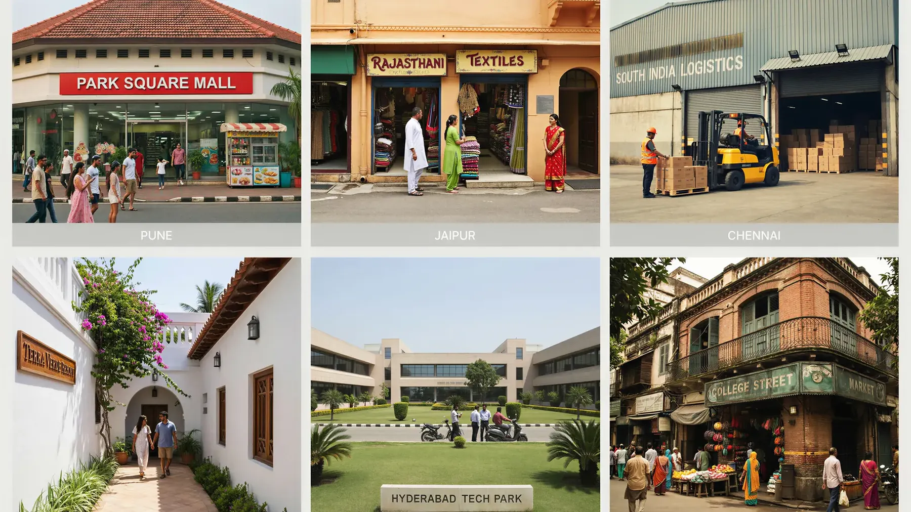 Collage of facility types across Indian cities — mall, retail, logistics, resort, tech park, market