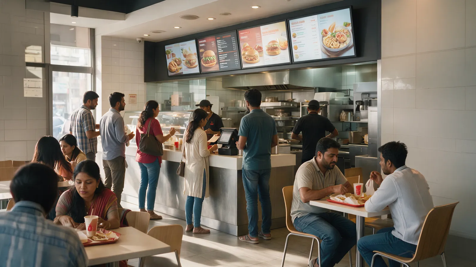 Quick-service restaurant counter at peak hour