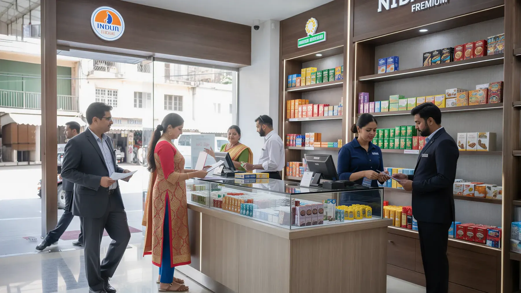 Retail store billing counter with staff and customers
