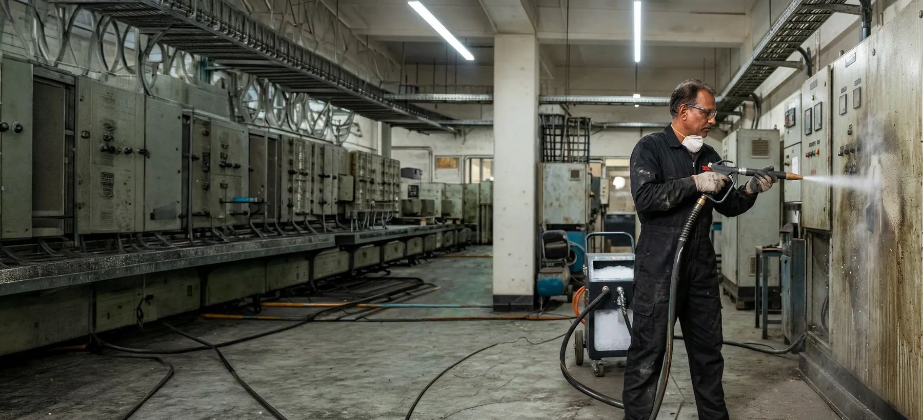 DCC technician dry-ice blasting industrial electrical control panels in a plant room