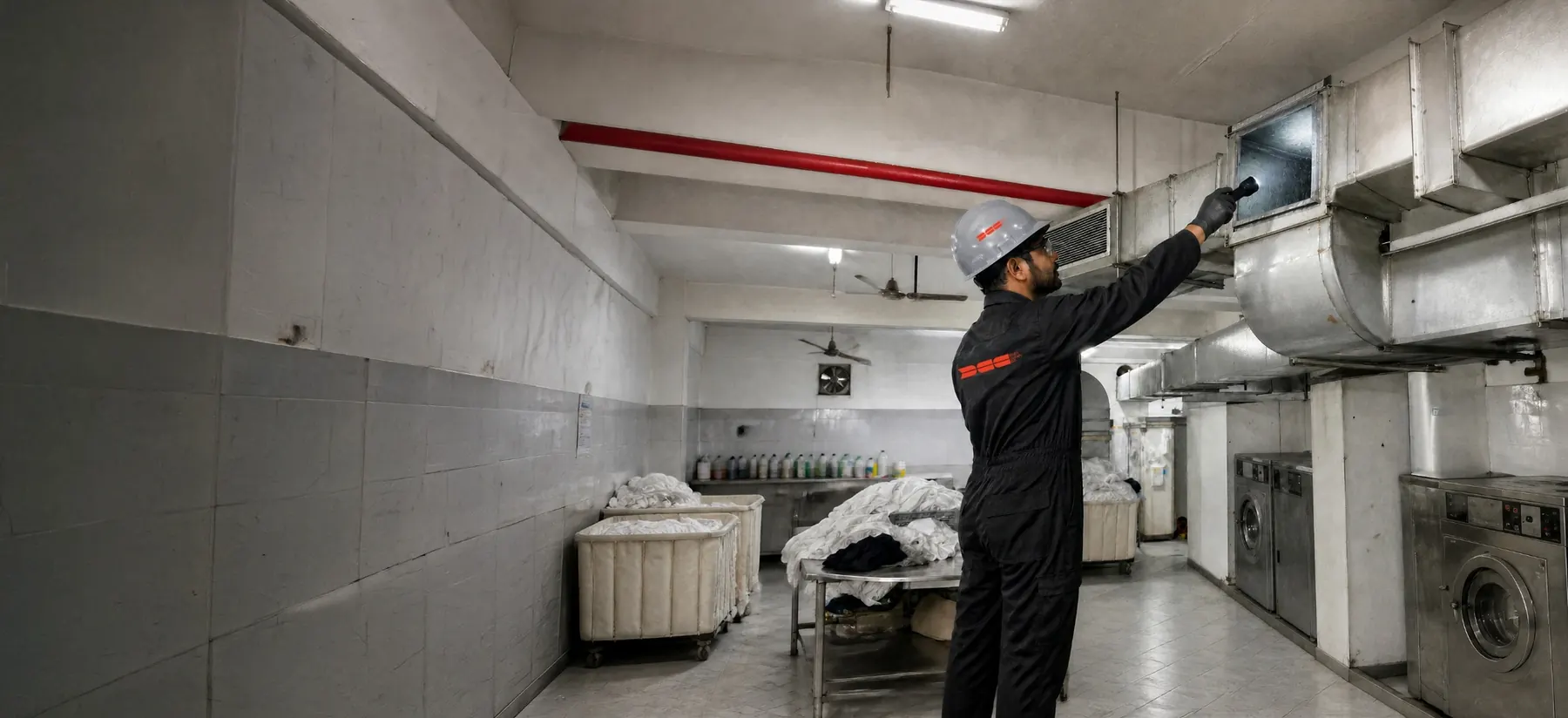 DCC technician inspecting a laundry exhaust duct with a flashlight beside commercial dryers and linen carts