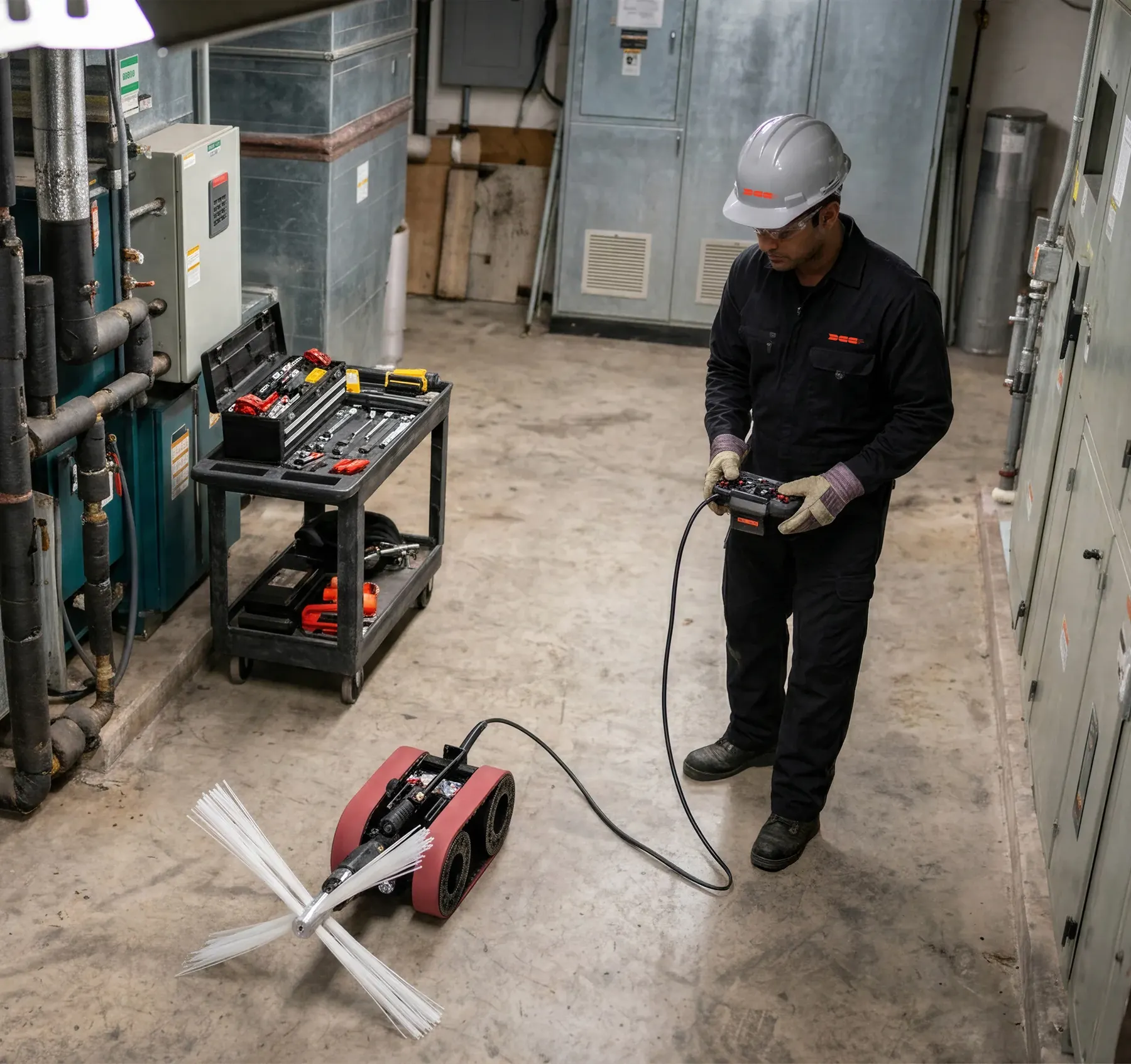 DCC technician guiding the red robotic brushing crawler by remote in an AHU plant room