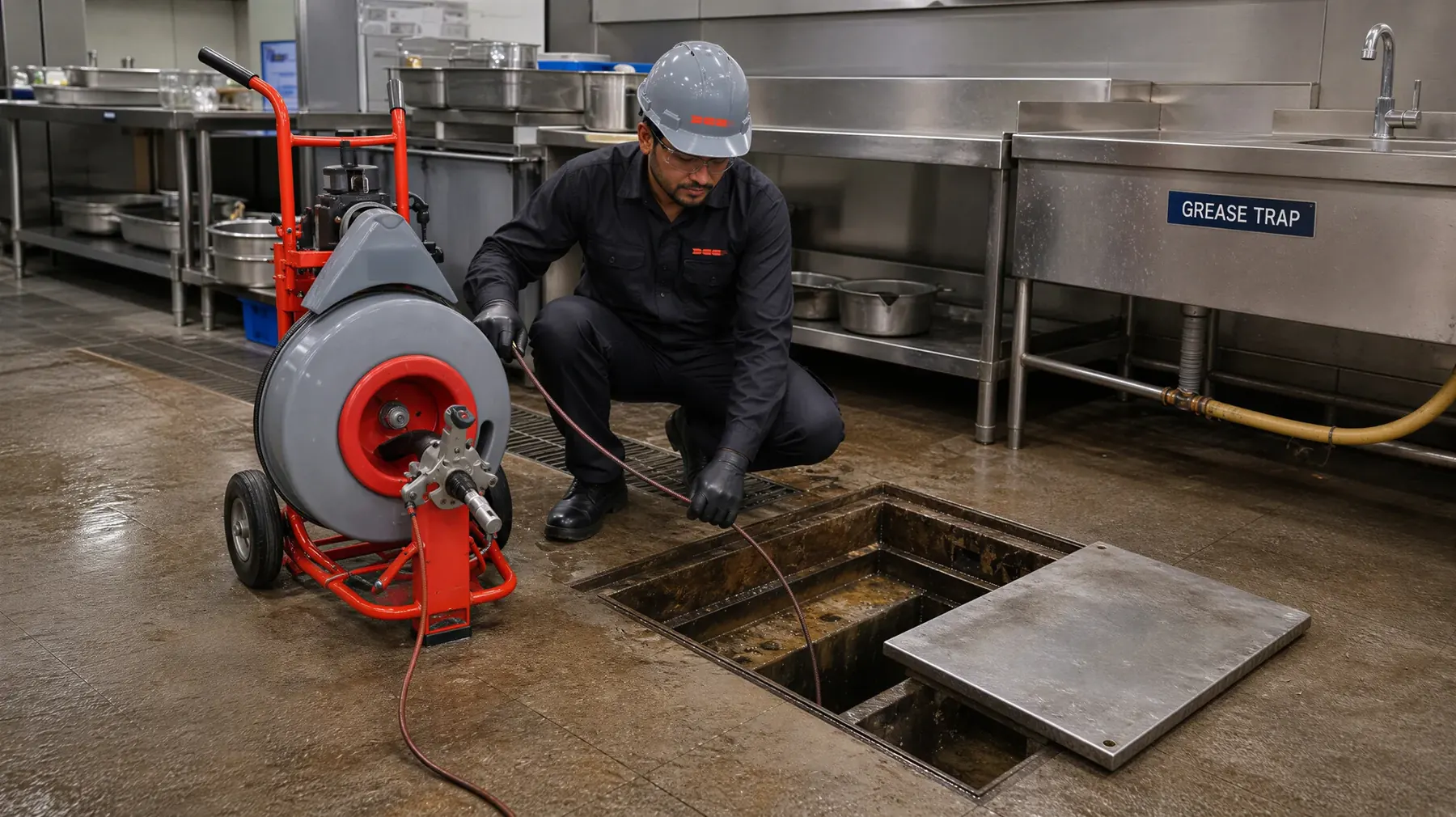 DCC technician running a drain machine into an open grease trap in a mall food-court kitchen