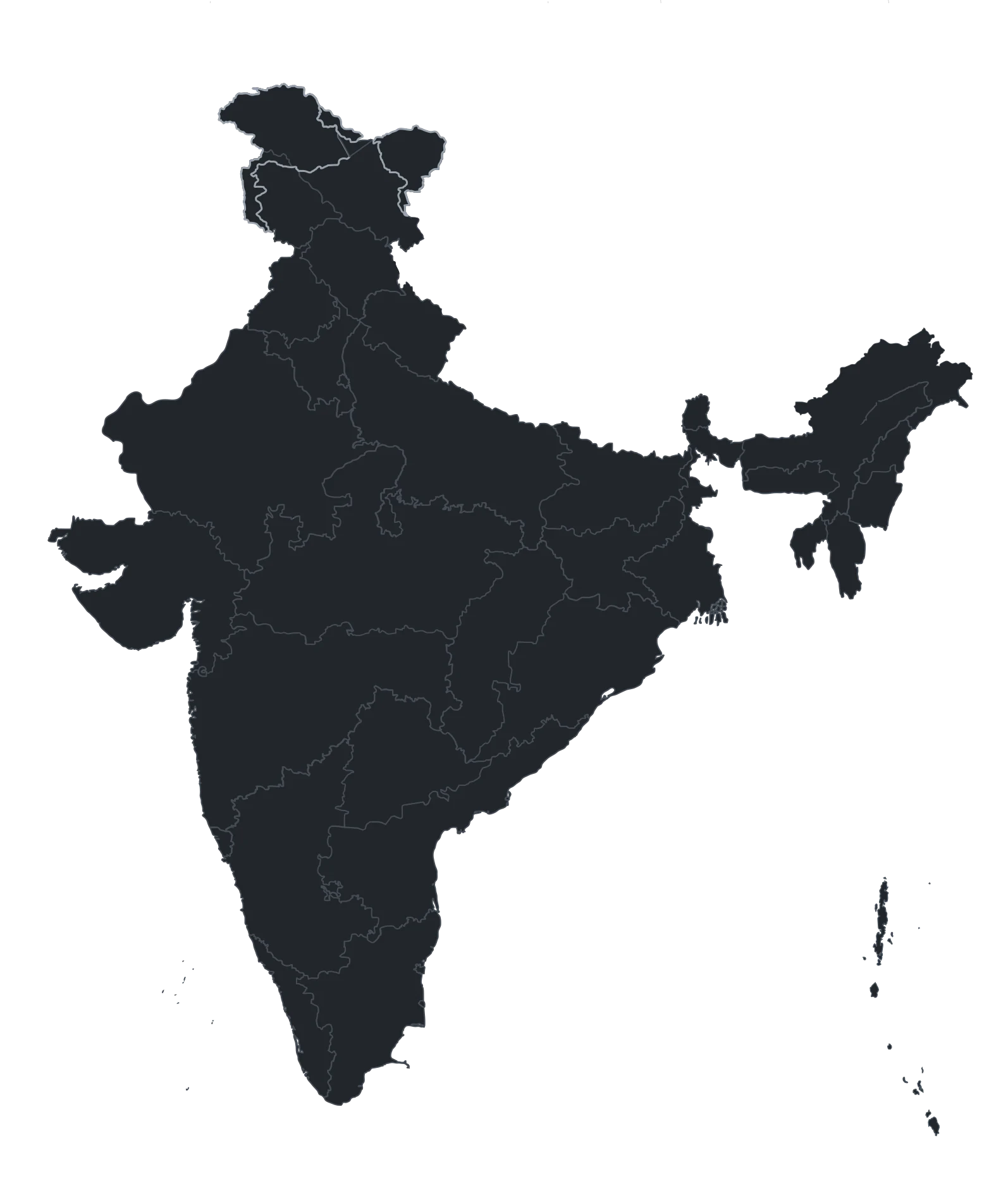 Map of India with official national boundaries, showing DCC operating markets including the Andaman & Nicobar and Lakshadweep islands