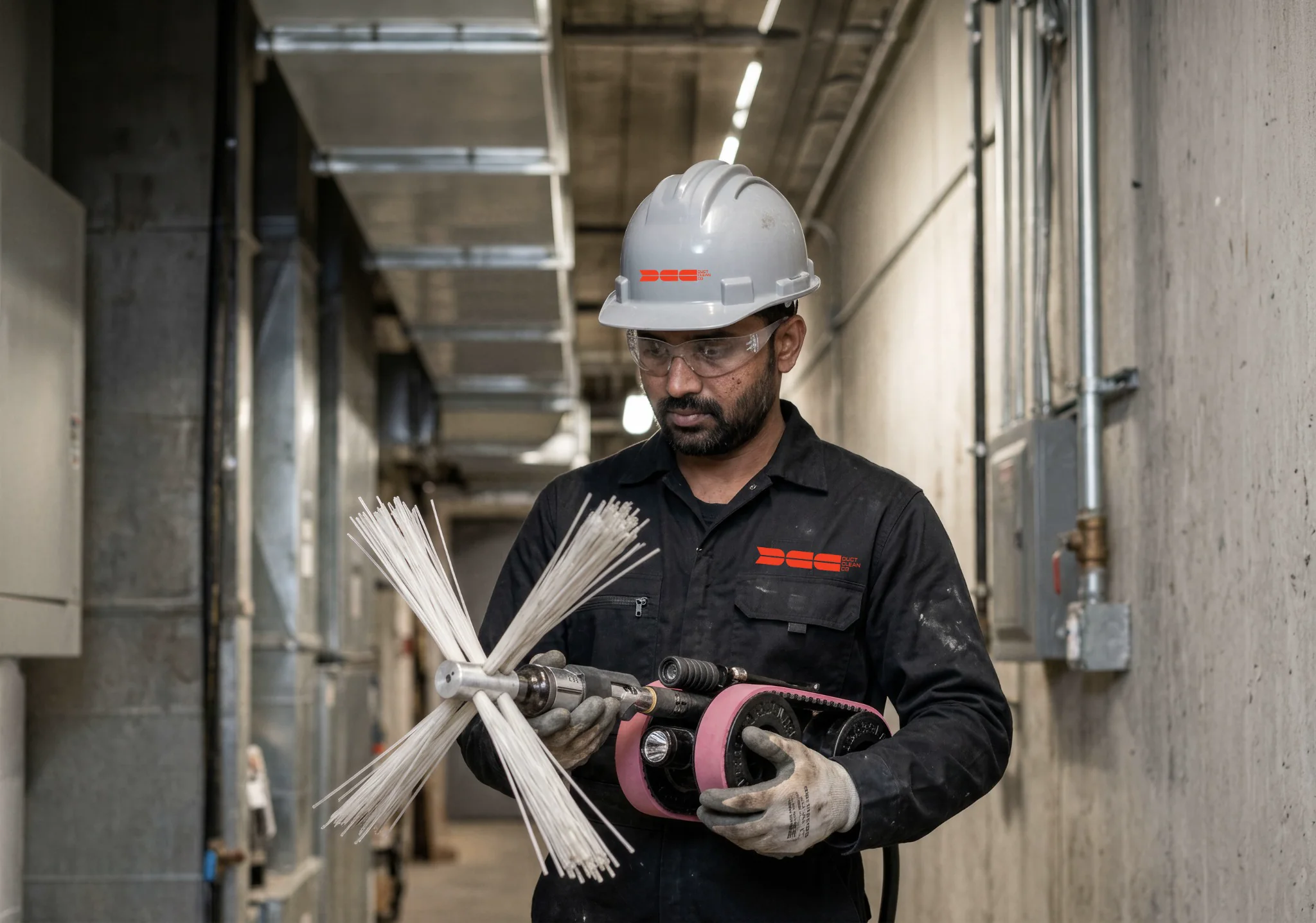 DCC technician supervising robotic air duct inspection and cleaning equipment