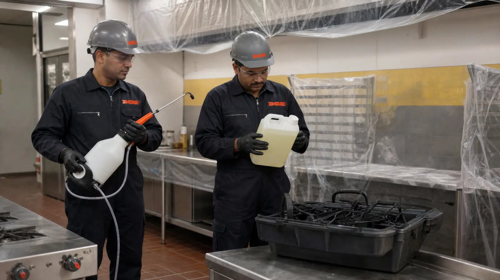 DCC team preparing a protected commercial service area before cleaning